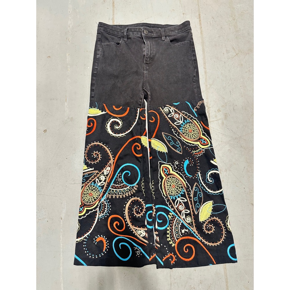 American Eagle Hand Embroidered Paisley Wide Leg Jeans Black Boho Flare Denim